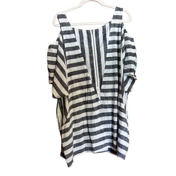 Soft Surroundings Top 1X Multicolor Stripe Linen Blend Cold Shoulder Lagenlook - Picture 5 of 8